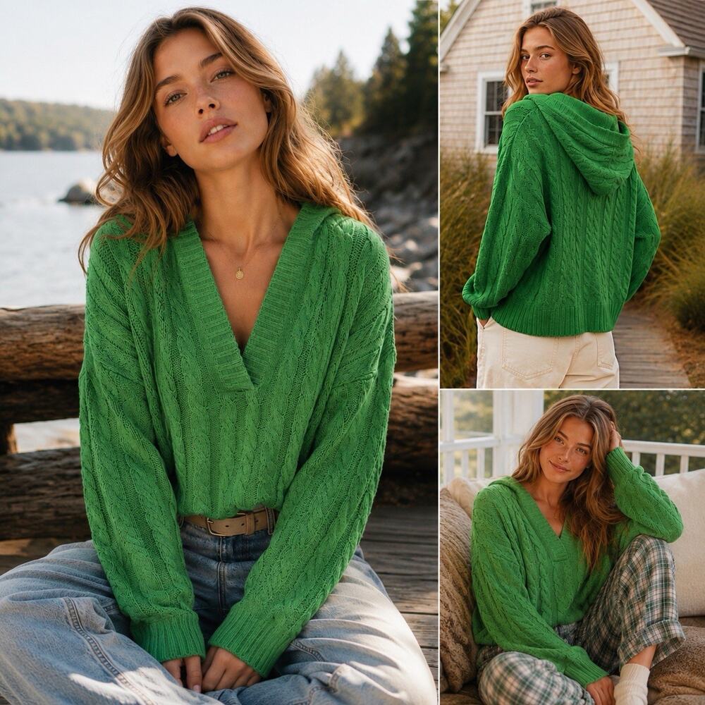 American Eagle Kelly Green Cable Knit Hooded Sweater Medium Cottagecore Coastal